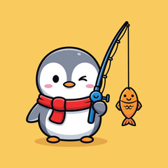 Cute penguin fishing with a catch silhouette