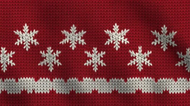 Red knitted Christmas sweater texture with snowflakes pattern with wind blow it