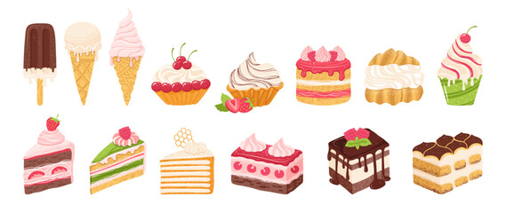 Cakes, pieces of cake and ice cream, different types desserts vector set. Birthday or wedding various slices cakes texture illustration. Sweet holiday bakery art. Vector hand drawn flat cartoon design