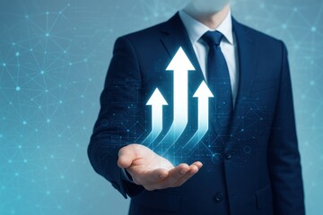 Elevating Aspirations: A sharply dressed figure, exuding confidence, presents ascending arrows, symbolizing growth and ambition against a network background.