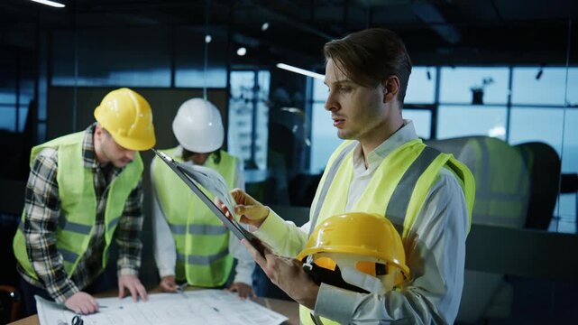 A group of multiracial engineers in safety gear looks over blueprints in a modern office. The lead architect examines details on a clipboard while others discuss the project.