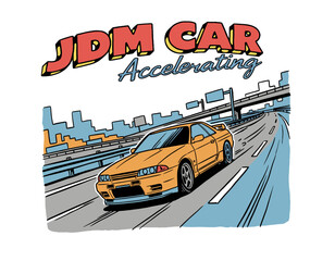 Fototapeta premium JDM Car Speeding on Highway.Japanese Tuner Car Illustration.Retro Style Automotive Art.Fast Sport Car Vector Design.Street Racing Cartoon Graphic