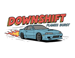 Downshift Flames Burst Graphic.JDM Sports Car Vector Art.Racing Coupe Exhaust Fire.Speed Culture T-shirt Print.Retro Automotive Drifting Badge