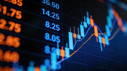 Close-up view of a stock market trading chart showing fluctuating numbers and trends in financial data.