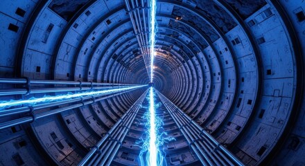 Futuristic circular conduit structure displays brilliant blue energy transmission along its axis
