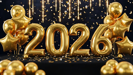 Gold balloons and star shapes with 2026 numbers and confetti