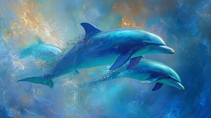 Obraz premium Dolphins leaping out of the sea, watercolor illustration w/ luminous iridescent blues & golds, soft glow. Celestial ocean background