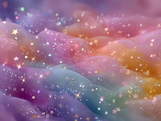 Soft pastel sky filled with glittering stars and flowing rainbow gradients that shimmer in gentle light