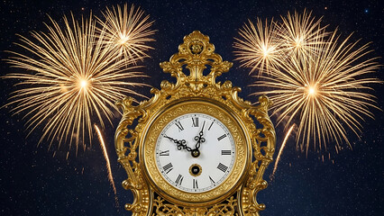 Ornate Gold Clock With Fireworks At Midnight antique