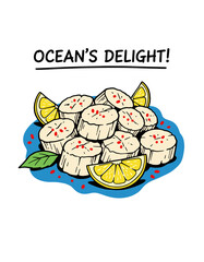 Fresh Scallop Delight.Seafood Illustration Art.Hand Drawn Scallops.Ocean Food Vector Icon.Lemon and Scallop Dish