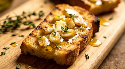 Garlic bread consists of bread topped with garlic and olive oil or butter and may include additional herbs, such as orega