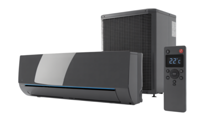 Modern dark gray split system air conditioner unit with remote control displaying twenty two degrees Celsius