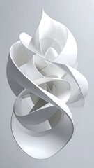 Elegant, twisted white ribbon sculpture on a soft gray backdrop
