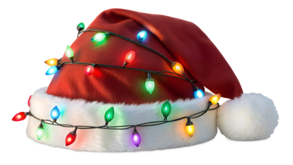Santa claus hat decorated with colorful christmas lights isolated on black background isolated on white background isolated on transparent background