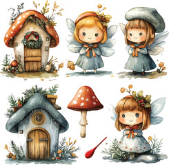 Cartoon vector illustration set of Halloween characters and icons featuring a smiling family of children, women, and boys with fun doll-like faces and hair elements for art projects