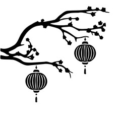 Silhouette of a blooming cherry blossom tree with hanging lanterns
