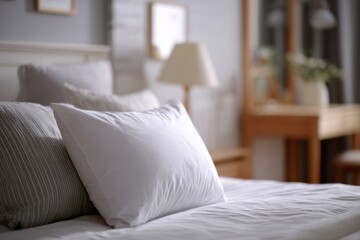 Fototapeta premium The corner of a soft pillow resting on a bed with warm interior lighting in the background.
