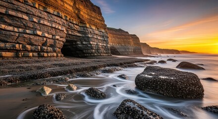 Dramatic layered coastal cliffs meet ocean waves during a vibrant sunset