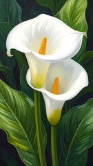 Elegant vertical art of two white calla lilies with vibrant green leaves background