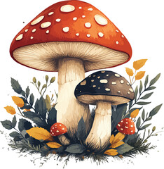 A poisonous red fly agaric toadstool with white spots grows in the autumn forest grass, providing a classic amanita muscaria fungus illustration in nature