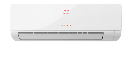 Modern white split system air conditioner unit displaying twenty two degrees on its digital temperature screen