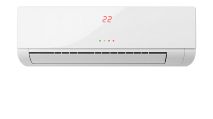 Modern white split system air conditioner unit displaying twenty two degrees on its digital temperature screen