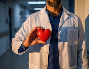 Caring doctor offering a red heart, symbolizing love, health, and dedication, perfect for medical campaigns and healthcare promotions, showing commitment