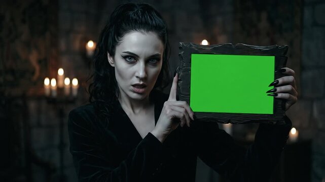 Aggressive Vampire Woman with Blue Eyes and Wild Black Hair Holding Green Screen Gothic Frame to Side