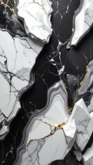 Elegant white, black and gold abstract veined rock strata, sharp edges and glossy veins