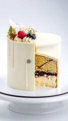 Elegant white cake with a slice removed, decorated with berries, on a white stand