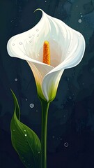 Elegant white calla lily with golden pistil on a dark, blurred background