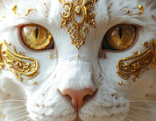 Elegant, white cat face adorned with ornate gold jewelry, featuring striking yellow eyes