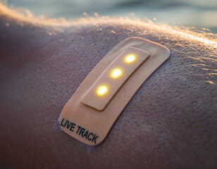 Wearable Tech Health Patch. "2026". Skin application for continuous health monitoring with the text LIVE TRACK in a tiny precise font. Medical with a flesh-tone and subtle embedded light scheme.
