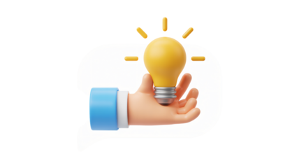 Cartoon hand presenting a glowing yellow light bulb symbolizing a brilliant new idea or creative solution concept