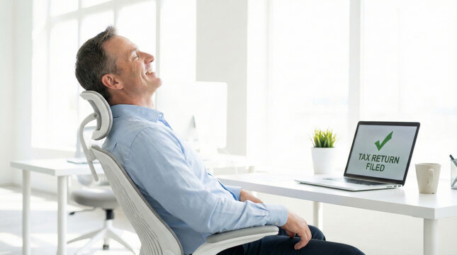 Relaxed Man After Successful Online Tax Filing in Modern Office