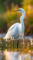 Elegant white egret standing in shallow water, backlit by warm golden light