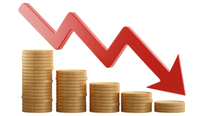 Stacks of gold coins illustrate financial decline with a prominent red arrow pointing downward sharply