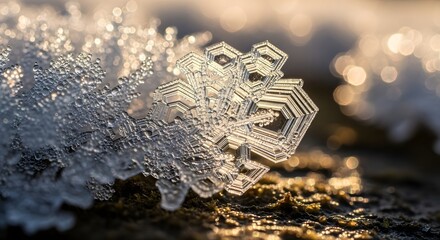 Close-up of a beautiful, intricate ice crystal illuminated by warm sunlight.