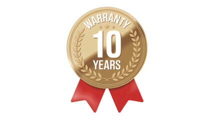 Golden award badge featuring ten years warranty text and red ribbon