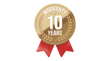 Golden award badge featuring ten years warranty text and red ribbon