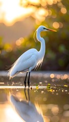 Elegant white egret stands in shallow water with a golden sunset backdrop