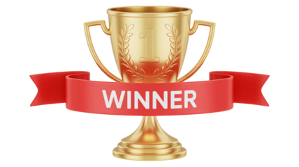 Golden first place trophy with a prominent red banner displaying the word winner in bold white text
