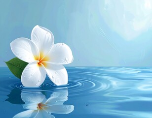 Elegant white flower with orange center floating on rippling clear blue water surface