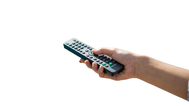 Person's hand holding a modern black television remote control device with many buttons on black