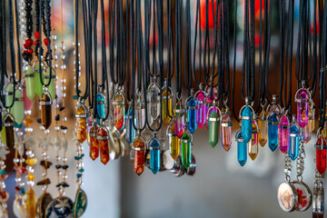 Colorful handmade necklaces from the Peruvian Amazon displayed in a market, highlighting artisan jewelry and jungle craftsmanship.