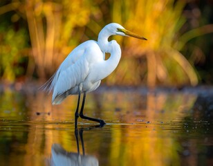 Elegant white heron stands in shallow water with soft, warm, autumnal backdrop