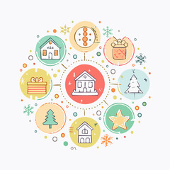 Festive Circle of Holiday Icons - Houses, Gifts, Trees, and Stars