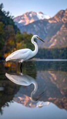 Elegant white heron stands reflected in still water, mountains in the background