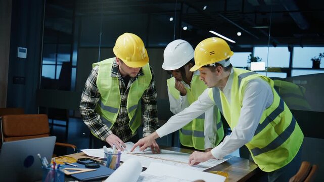 Three engineers discuss blueprints and plans in an office setting while wearing safety helmets and vests during a project meeting
