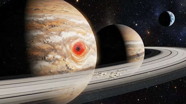 Majestic gas giant planet with prominent rings and a swirling red storm vortex in deep space with